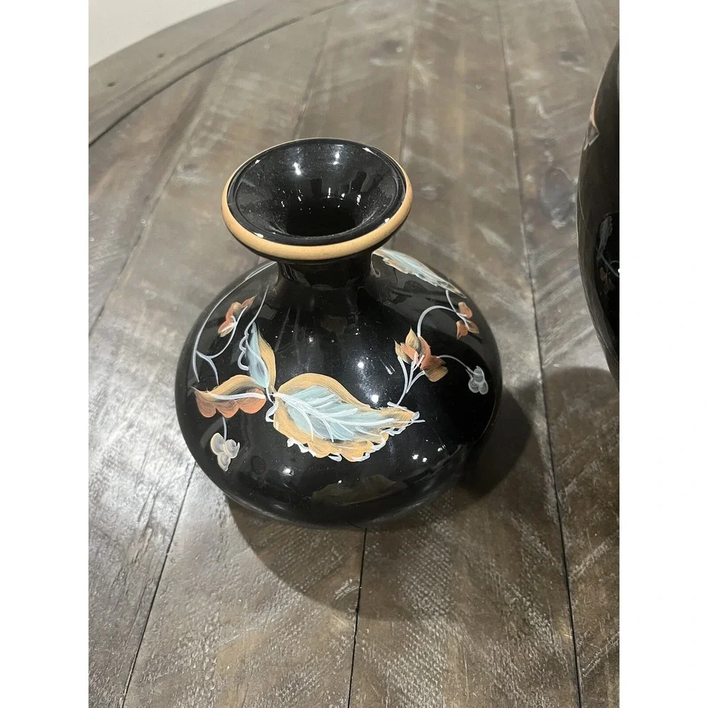 Fenton Autumn On Black Vase‎ Candle Holders Set Console Fall Leaves Hand Painted